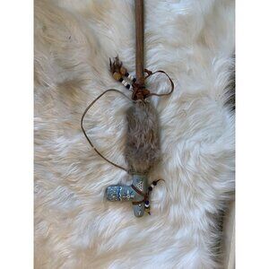 NATIVE American Terra Cotta Stick Wood Feathers Tribal Painted Leather Beaded